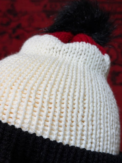 Crotchet Beanies - BODY: White & Red DETACHABLE POM: Black