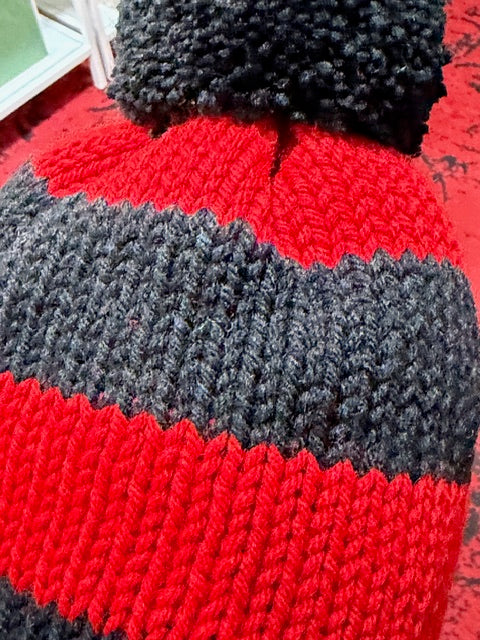 Crotchet Beanies - BODY: Black & Red Stripe, DETACHABLE POM: Black
