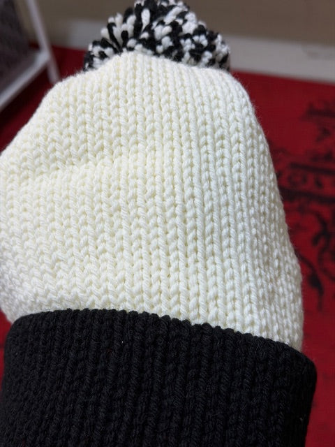 Crotchet Beanies - BODY: White, RIM: Black DETACHABLE POM: Black & White