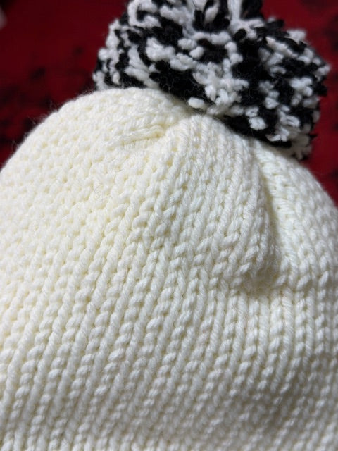 Crotchet Beanies - BODY: White, RIM: Black DETACHABLE POM: Black & White